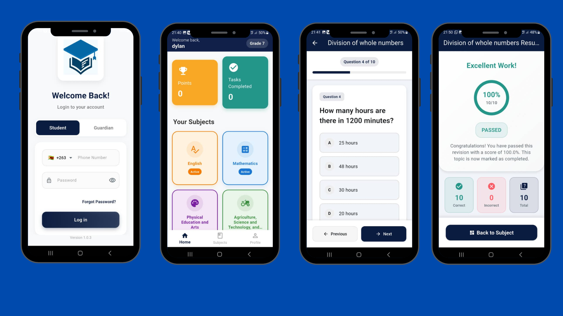 FUNDO SIMPLIFIED App Screenshots showing login screen, dashboard, quiz interface, and results